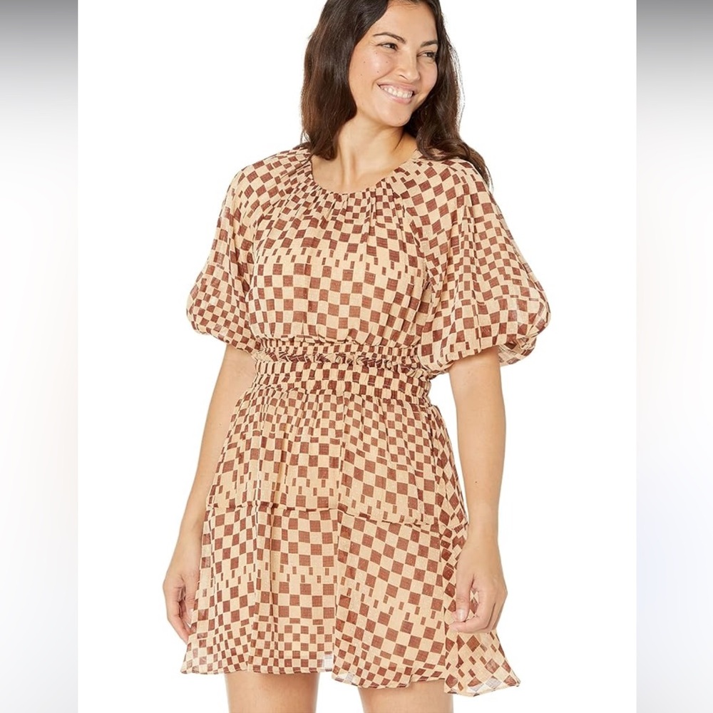 Moon River Tan and Brown Checkered Dress - Picture 2 of 16